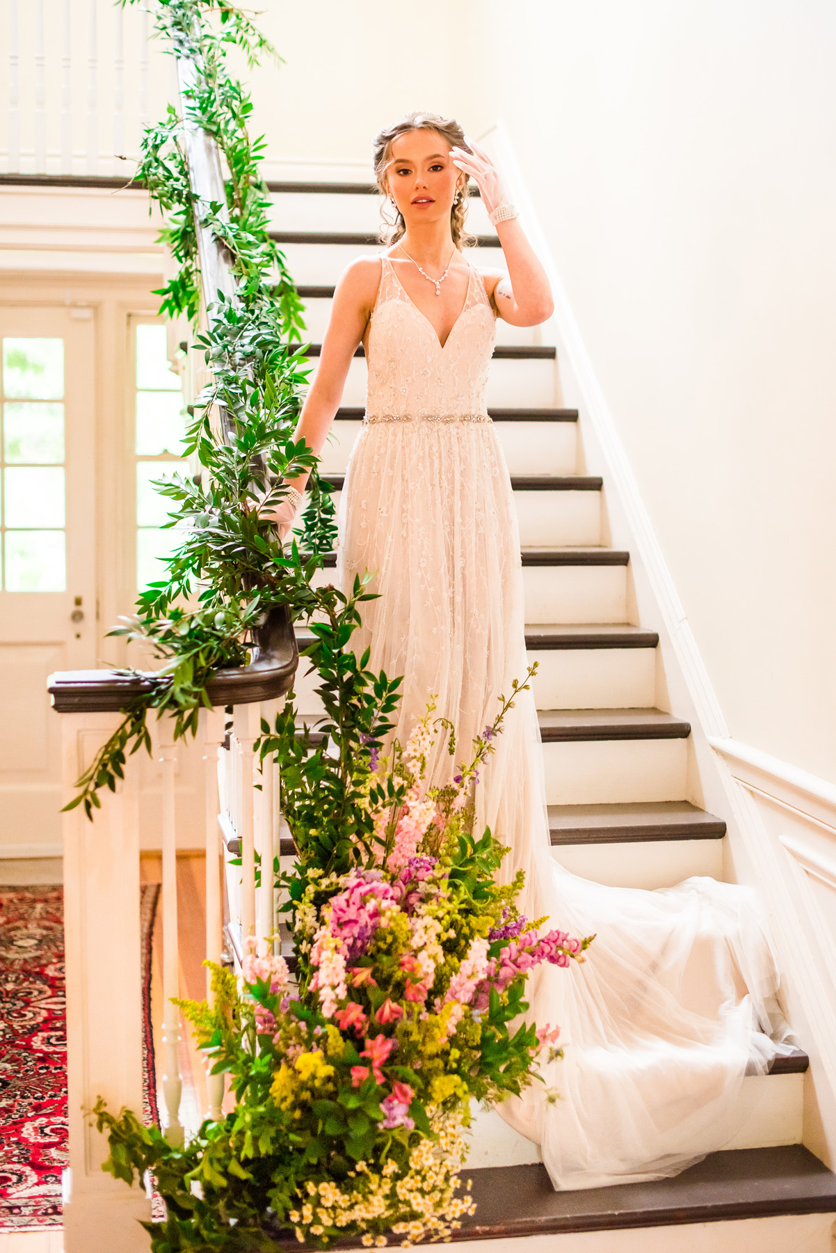 wedding floral staircase installation