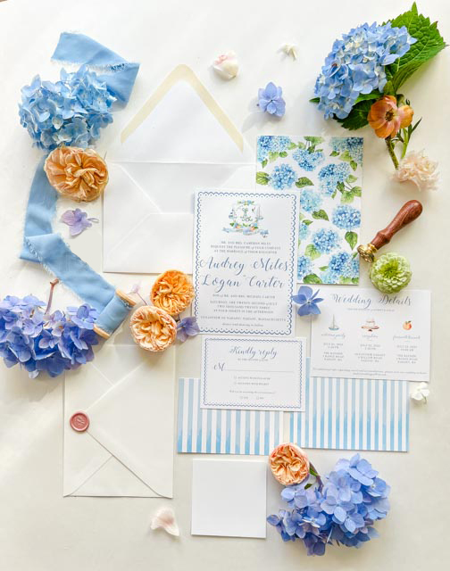 custom blue and white floral wedding stationery