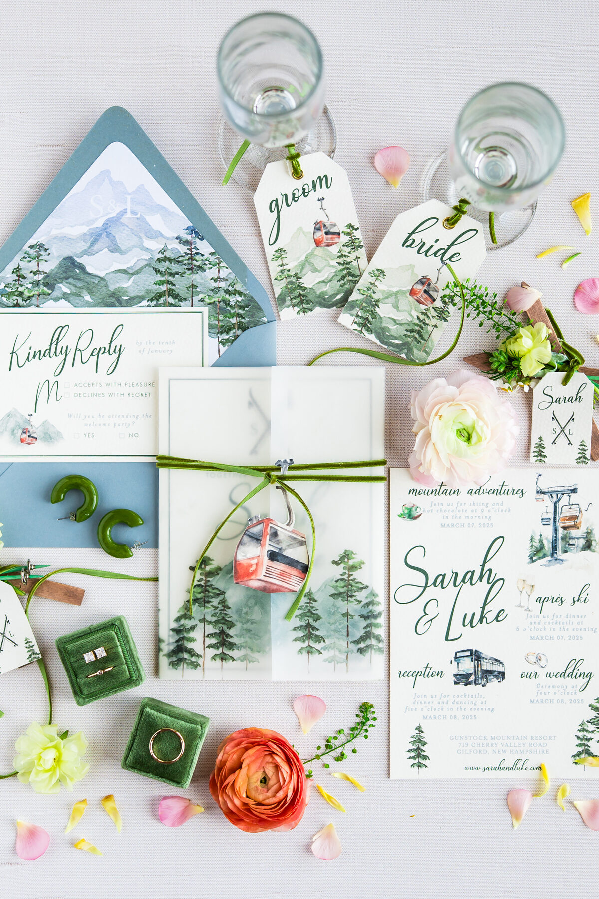 SKI MOUNTAIN SIDE SLOPES WEDDING INVITATION WATERCOLOR STATIONERY DESIGN VERMONT NEW HAMPSHIRE WHITE MOUNTAINS GUNSTOCK MOUNTAIN RESORT STOWE MOUNTAIN RESORT VERMONT WITH NAME TAGS AND GONDOLA