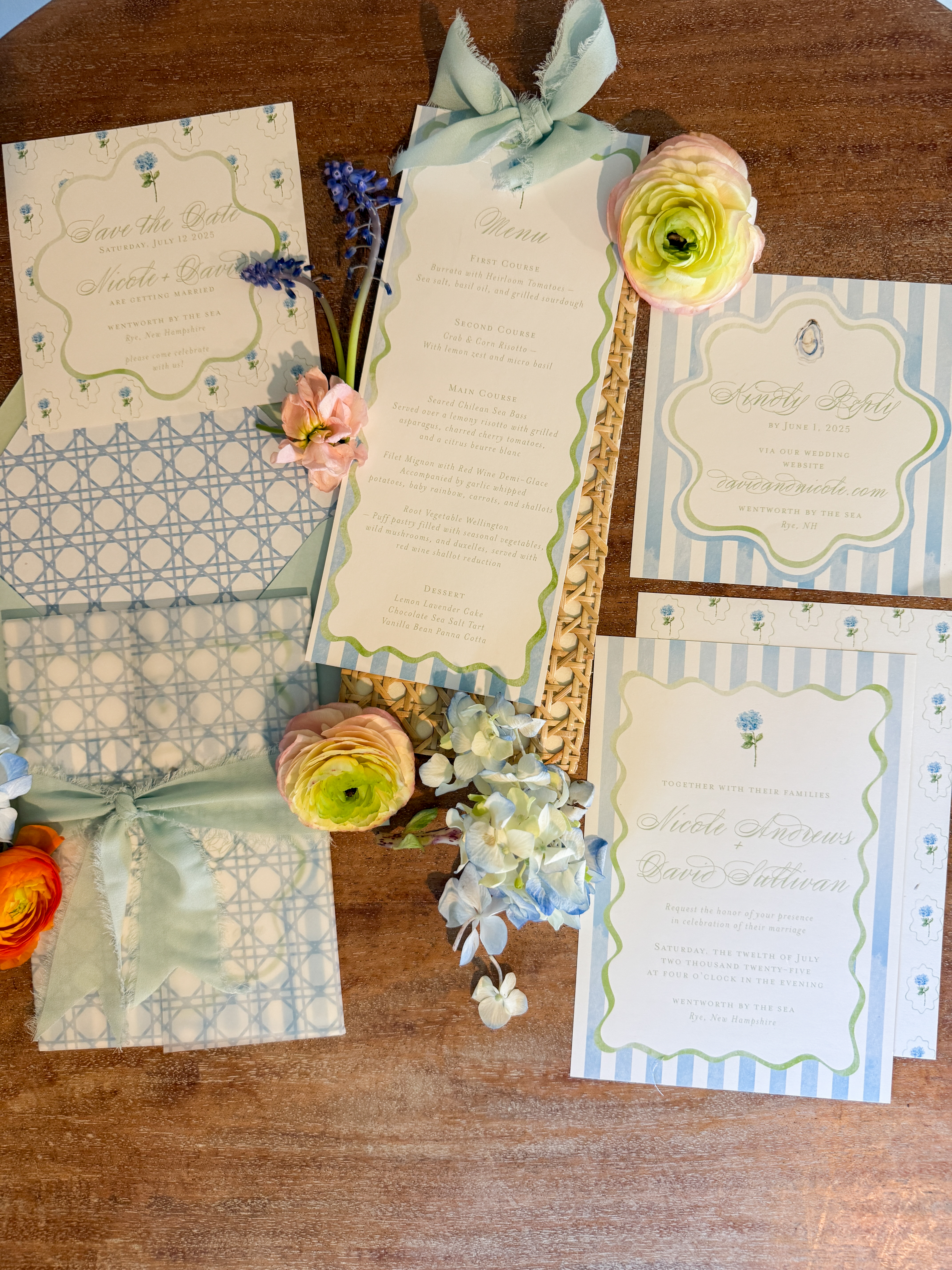 light blue hydrangea costal invitation suite