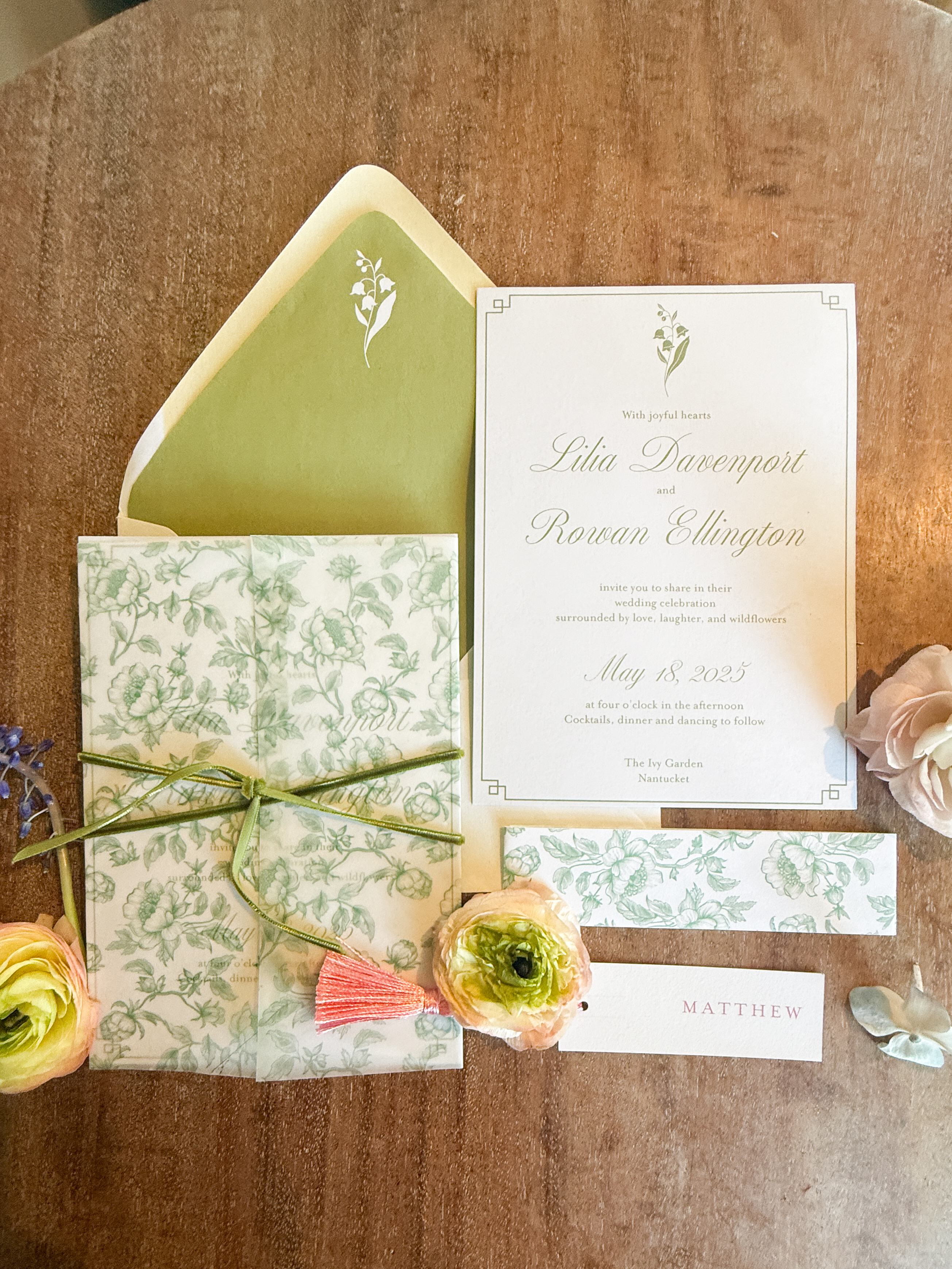 green floral invitation suite
