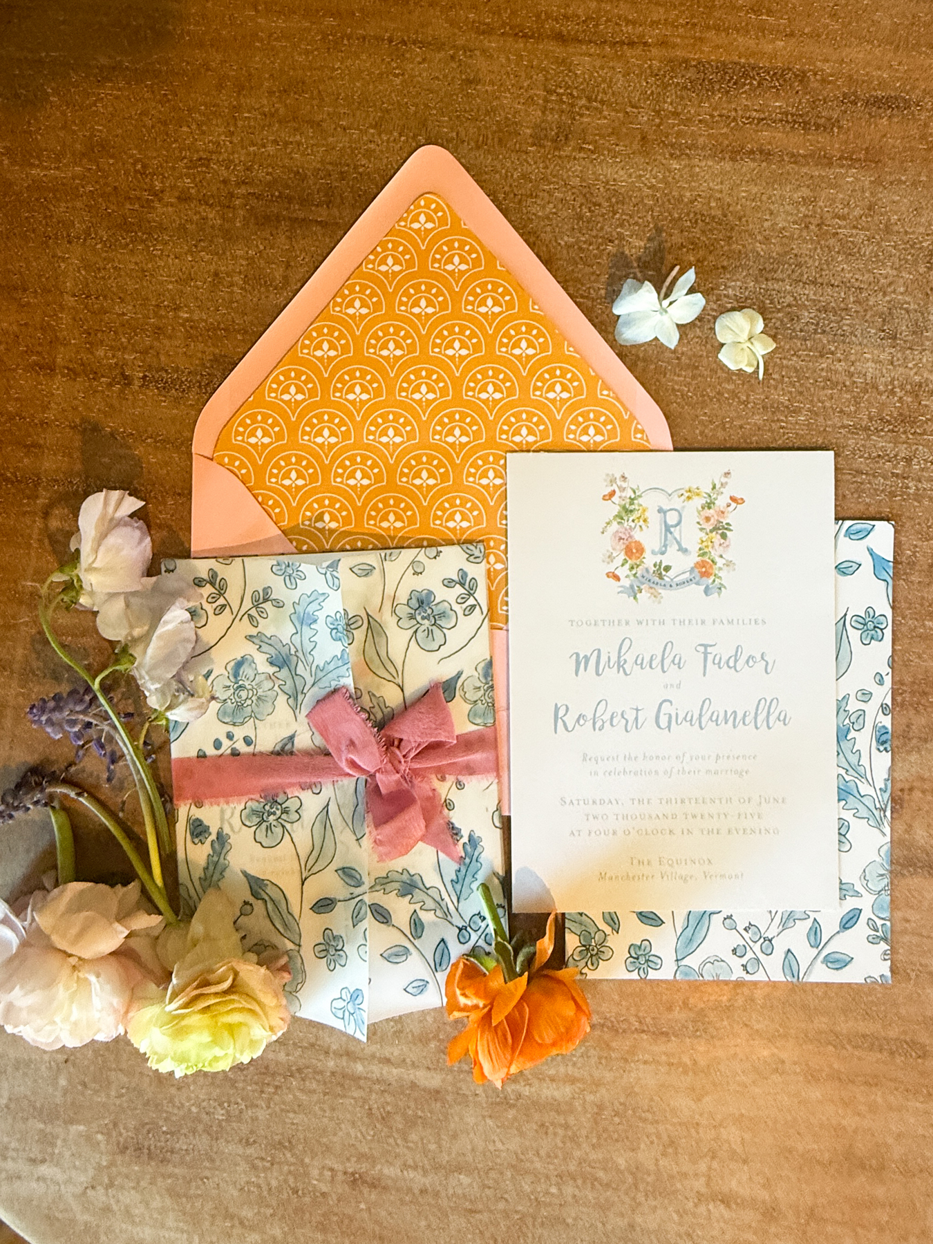 citrus and blue floral dream wedding invitations