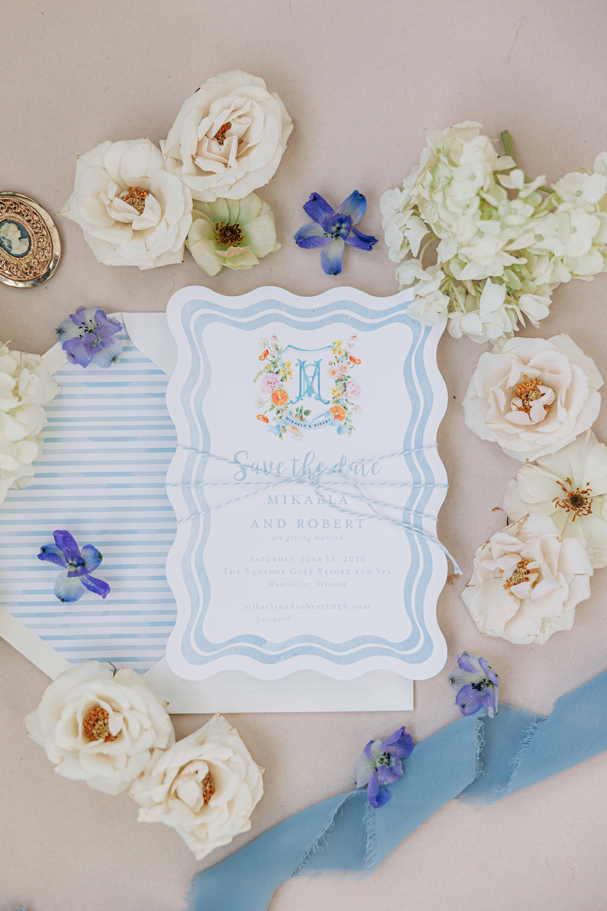 save the date wedding invitation light blue citrus watercolor the equinox manchester vermont wedding venue