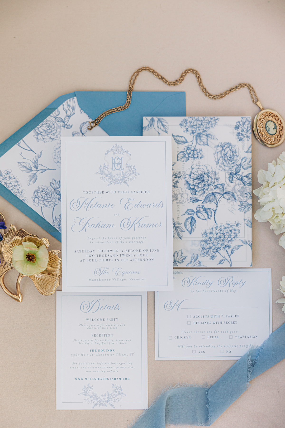 blue and white floral toile de juoy Vermont wedding invitations elegant wedding invitations