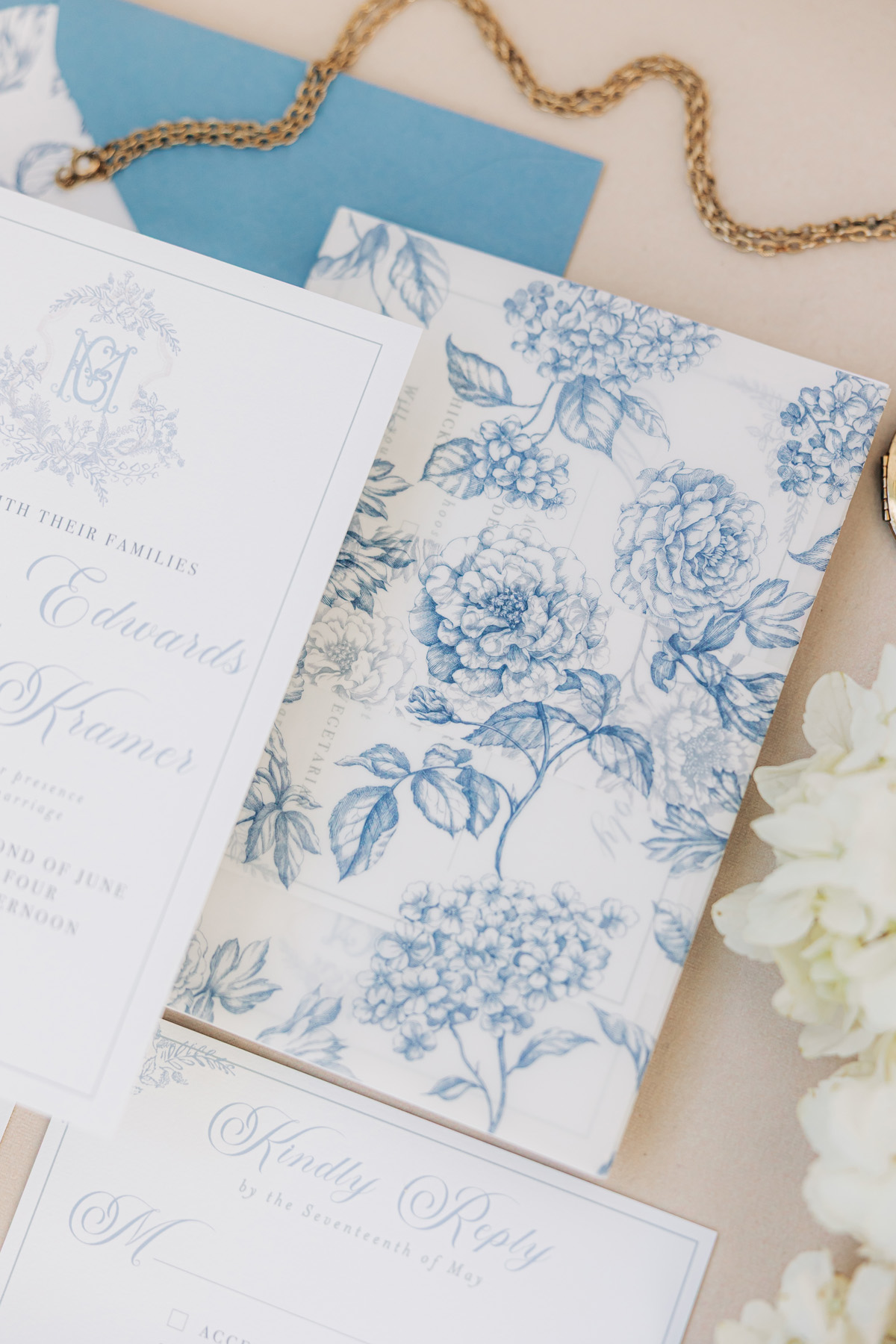 blue and white floral toile de juoy Vermont wedding invitations elegant wedding invitations