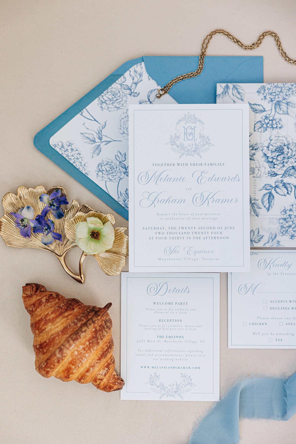 blue and white floral toile de juoy Vermont wedding invitations elegant wedding invitations