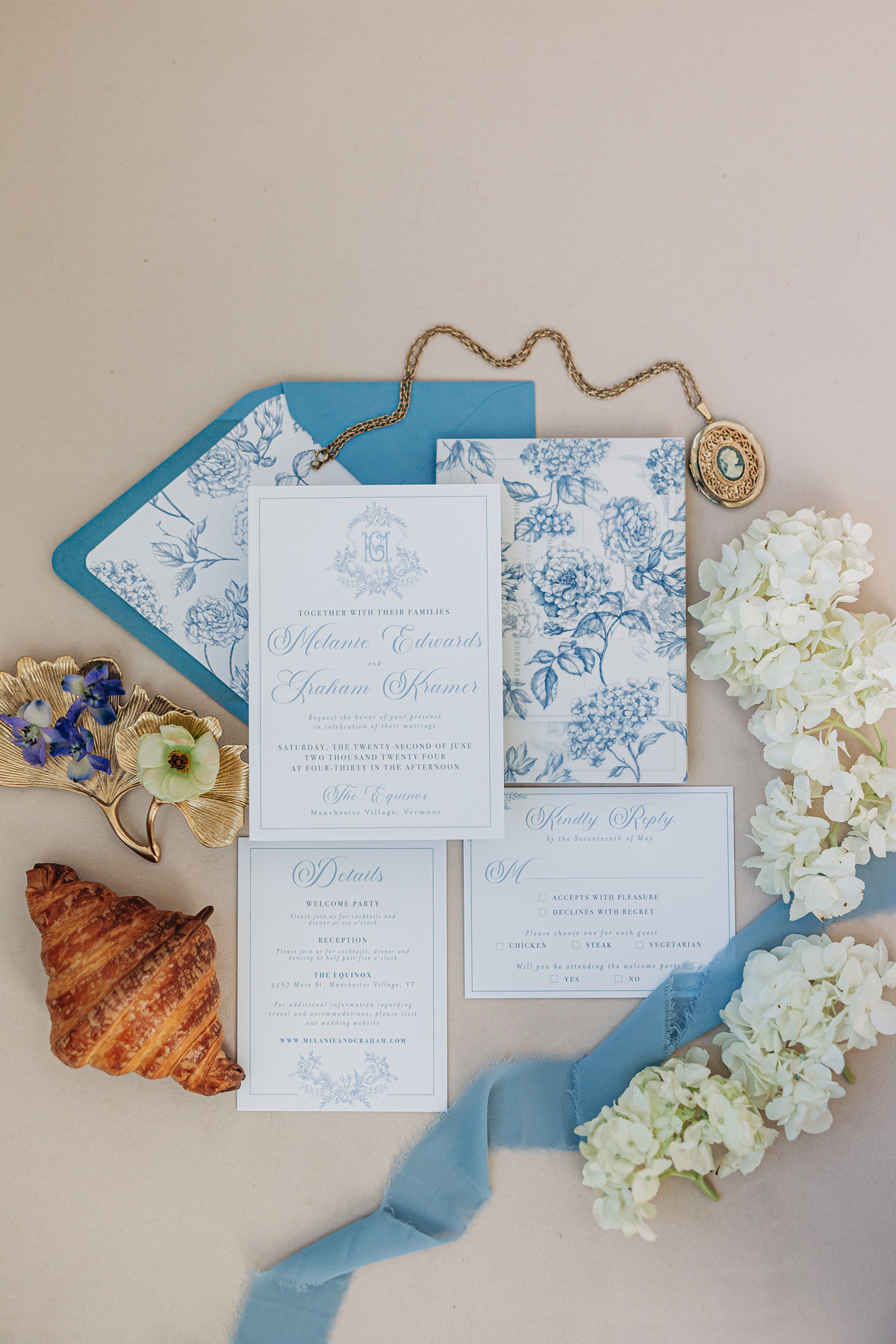 blue and white floral toile de juoy Vermont wedding invitations elegant wedding invitations