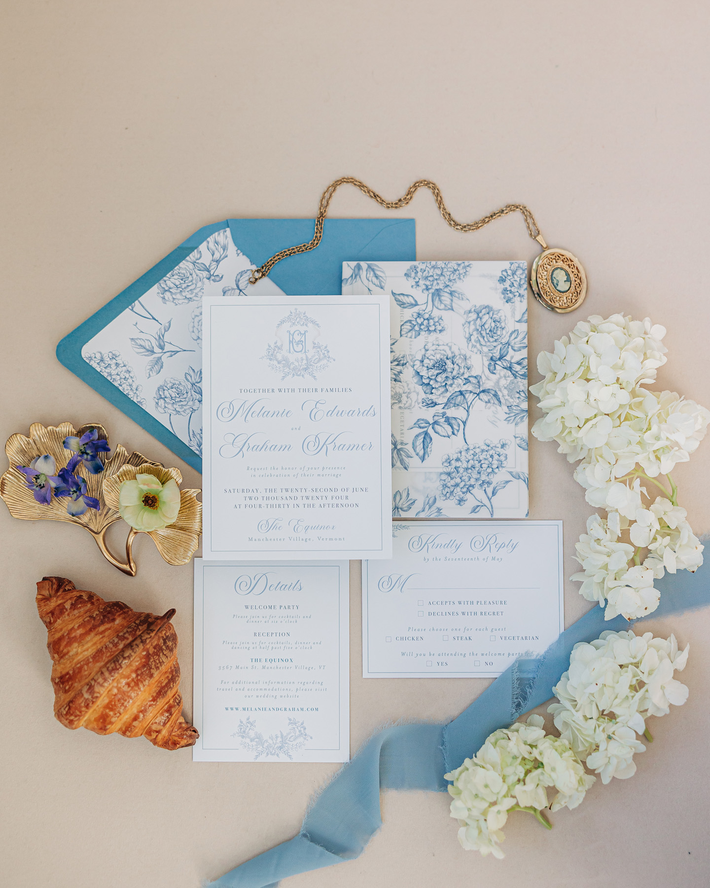blue and white floral toile de juoy Vermont wedding invitations elegant wedding invitations