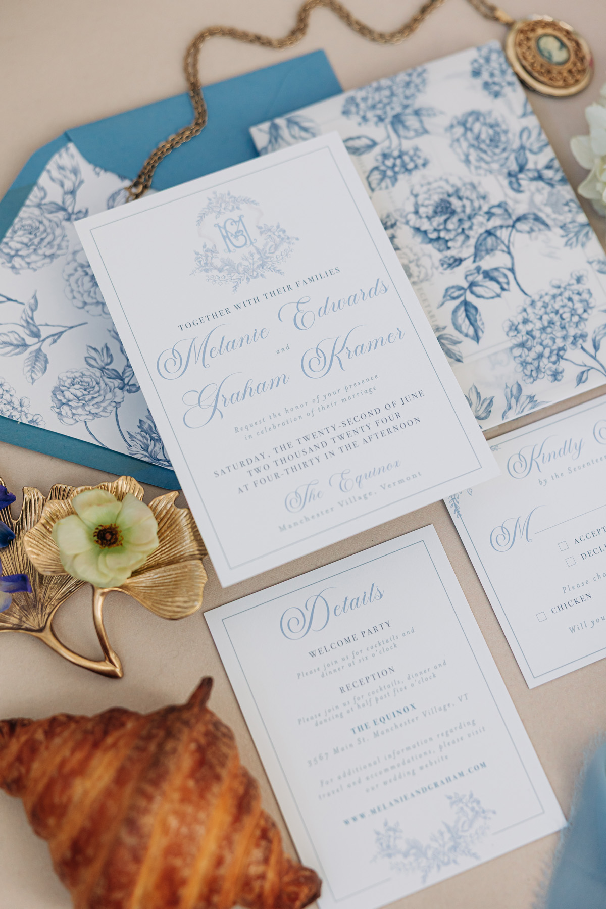 blue and white floral toile de juoy Vermont wedding invitations elegant wedding invitations