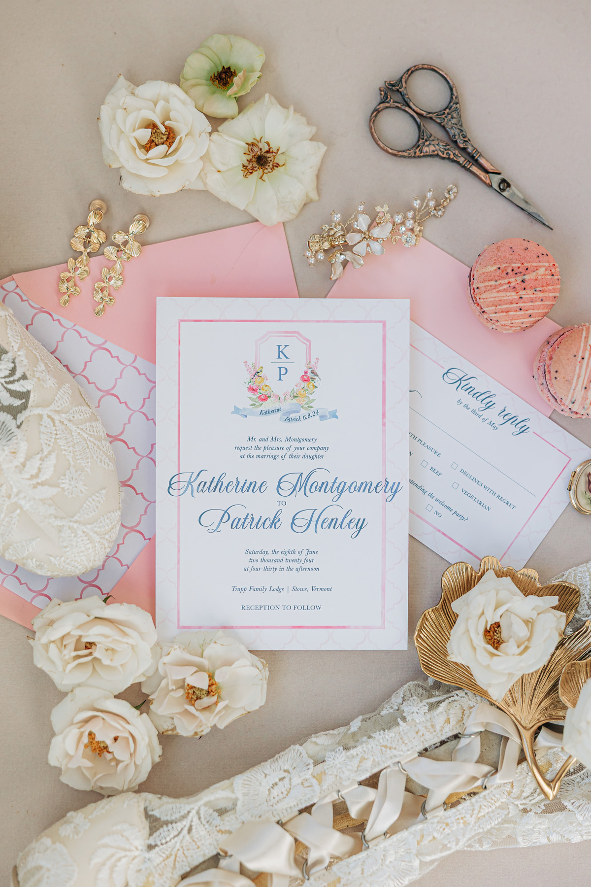 Elegant new england wedding pink invitations and stationery inspired by New England and Vermont weddings at a Vermont wedding venues