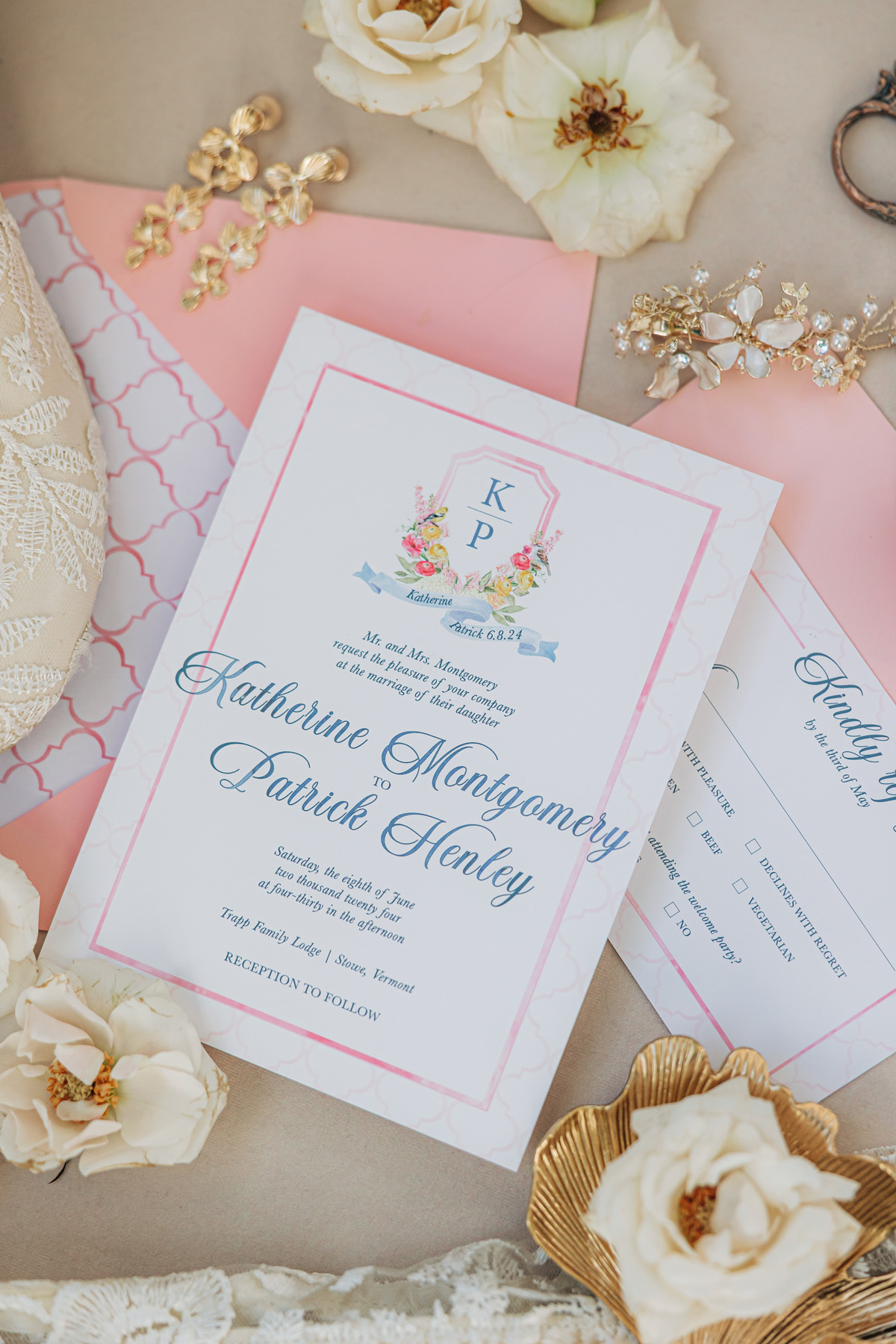Elegant new england wedding pink invitations and stationery inspired by New England and Vermont weddings at a Vermont wedding venues