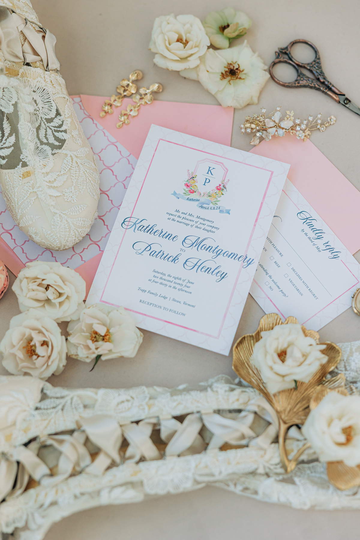 Elegant new england wedding pink invitations and stationery inspired by New England and Vermont weddings at a Vermont wedding venues