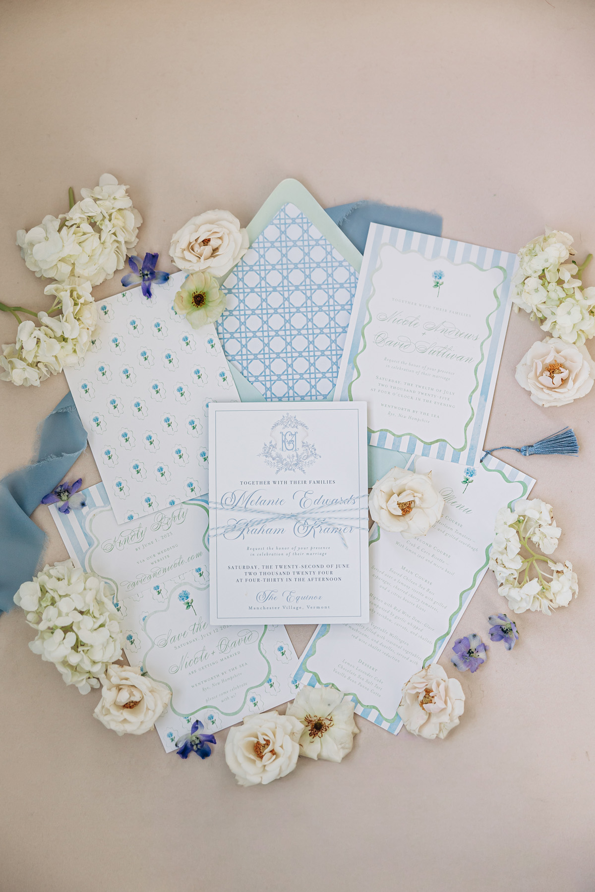 Blue and white hydrangea coastal wedding invitations with stationery details inspired by seaside texture and classic New England design for a coastal wedding venue