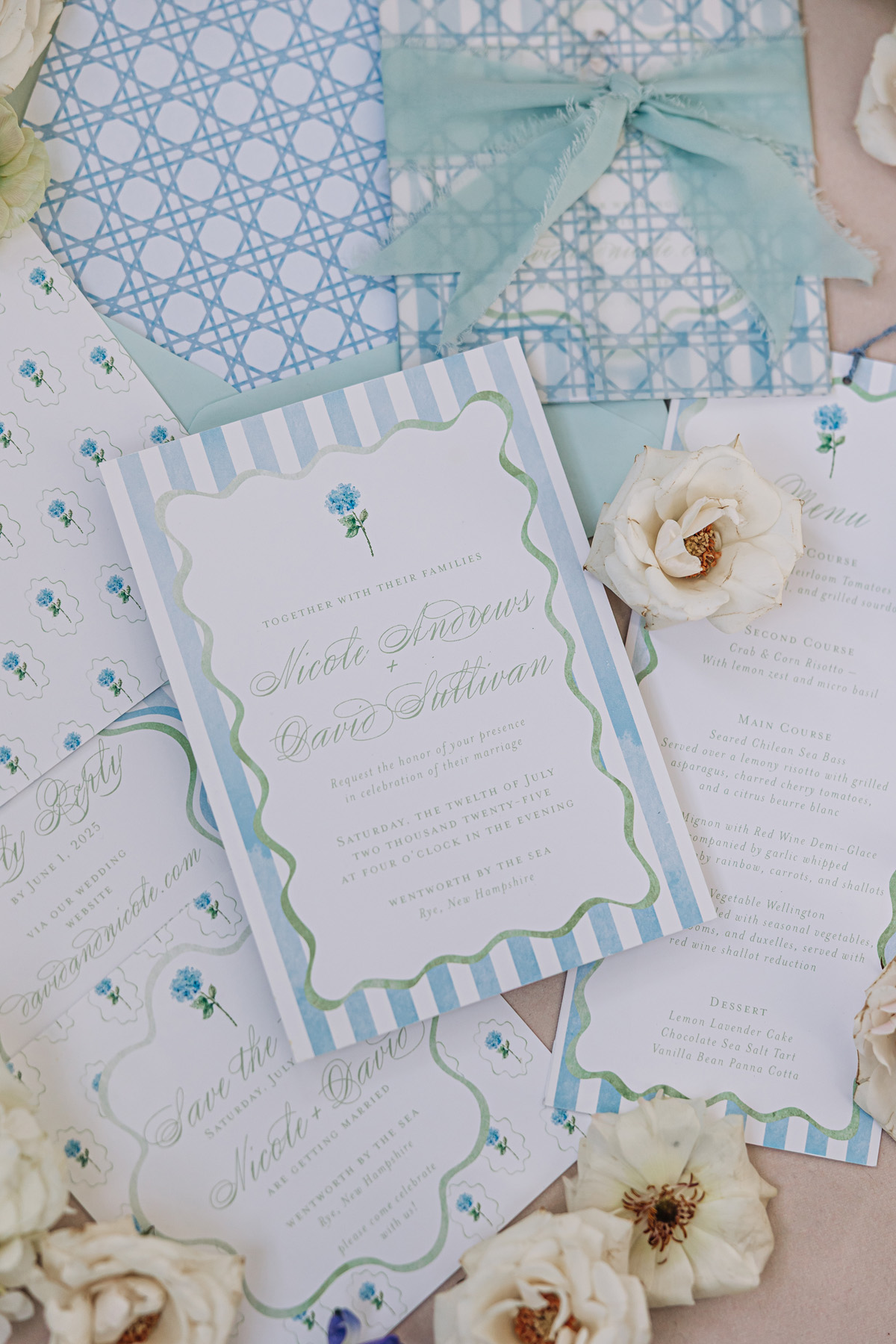 Blue and white hydrangea coastal wedding invitations with stationery details inspired by seaside texture and classic New England design for a coastal wedding venue