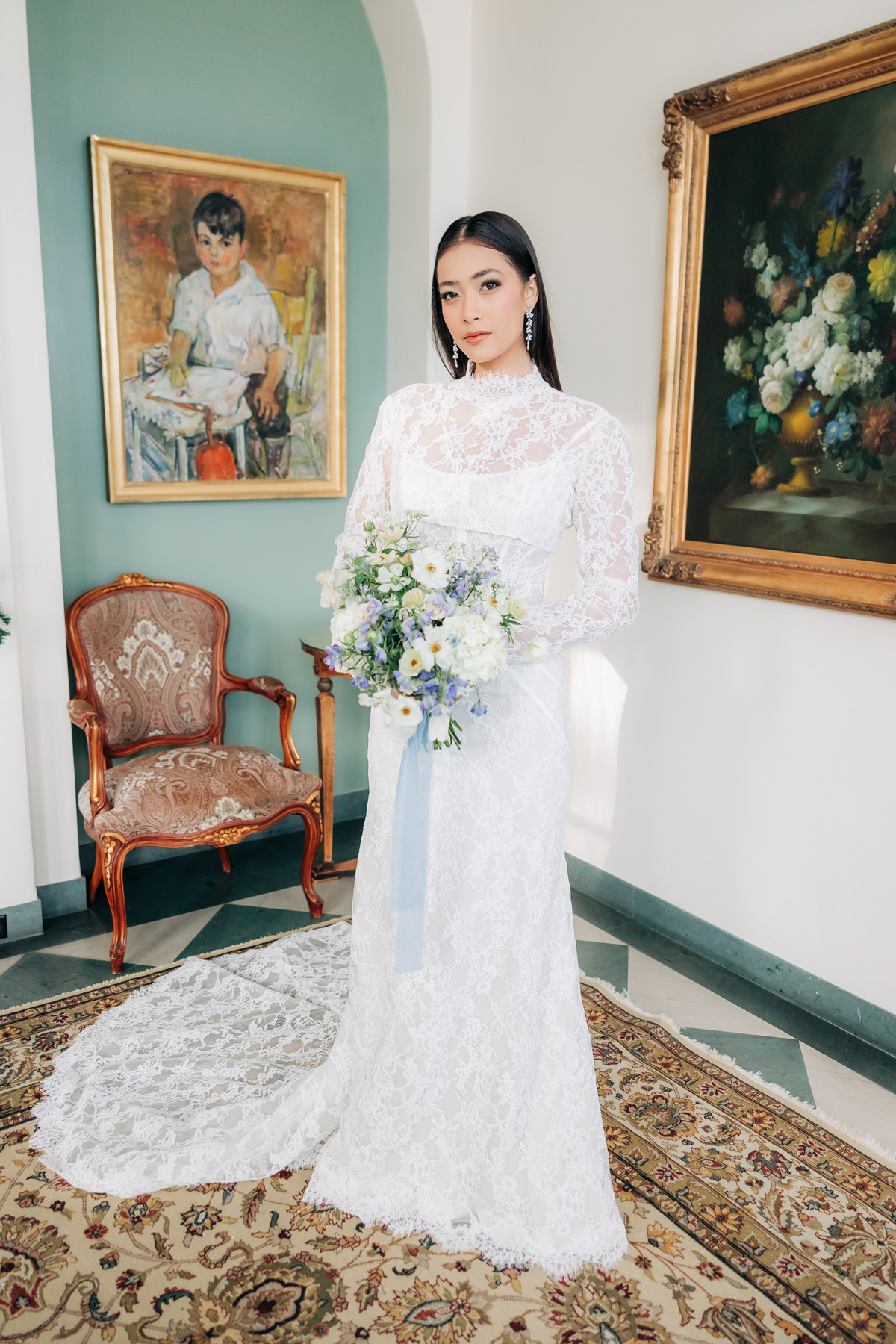 Coastal wedding bouquet in soft white, cream, and blue at Misselwood Events wedding venue on the North Shore of Massachusetts