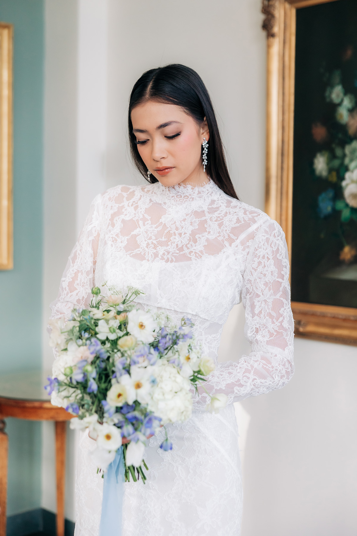 Coastal wedding bouquet in soft white, cream, and blue at Misselwood Events wedding venue on the North Shore of Massachusetts