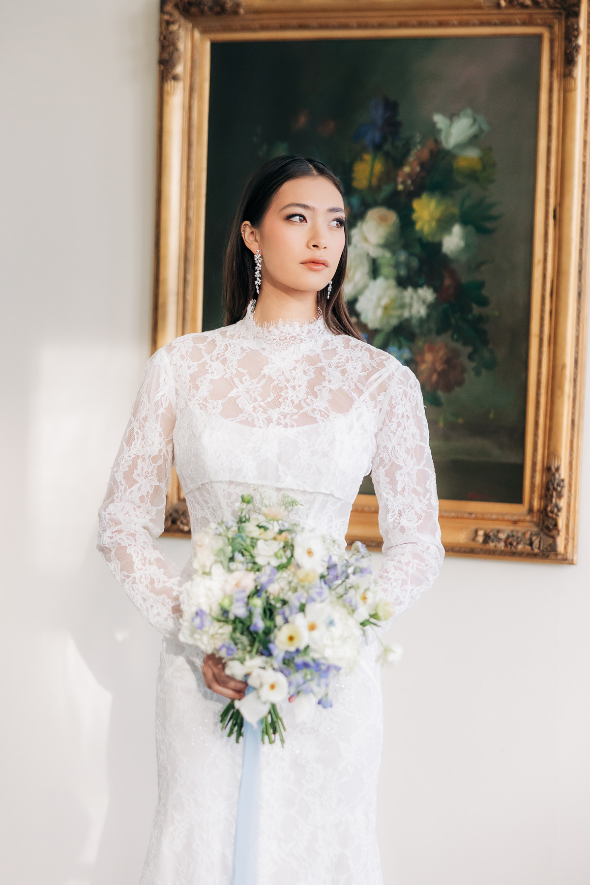 Coastal wedding bouquet in soft white, cream, and blue at Misselwood Events wedding venue on the North Shore of Massachusetts