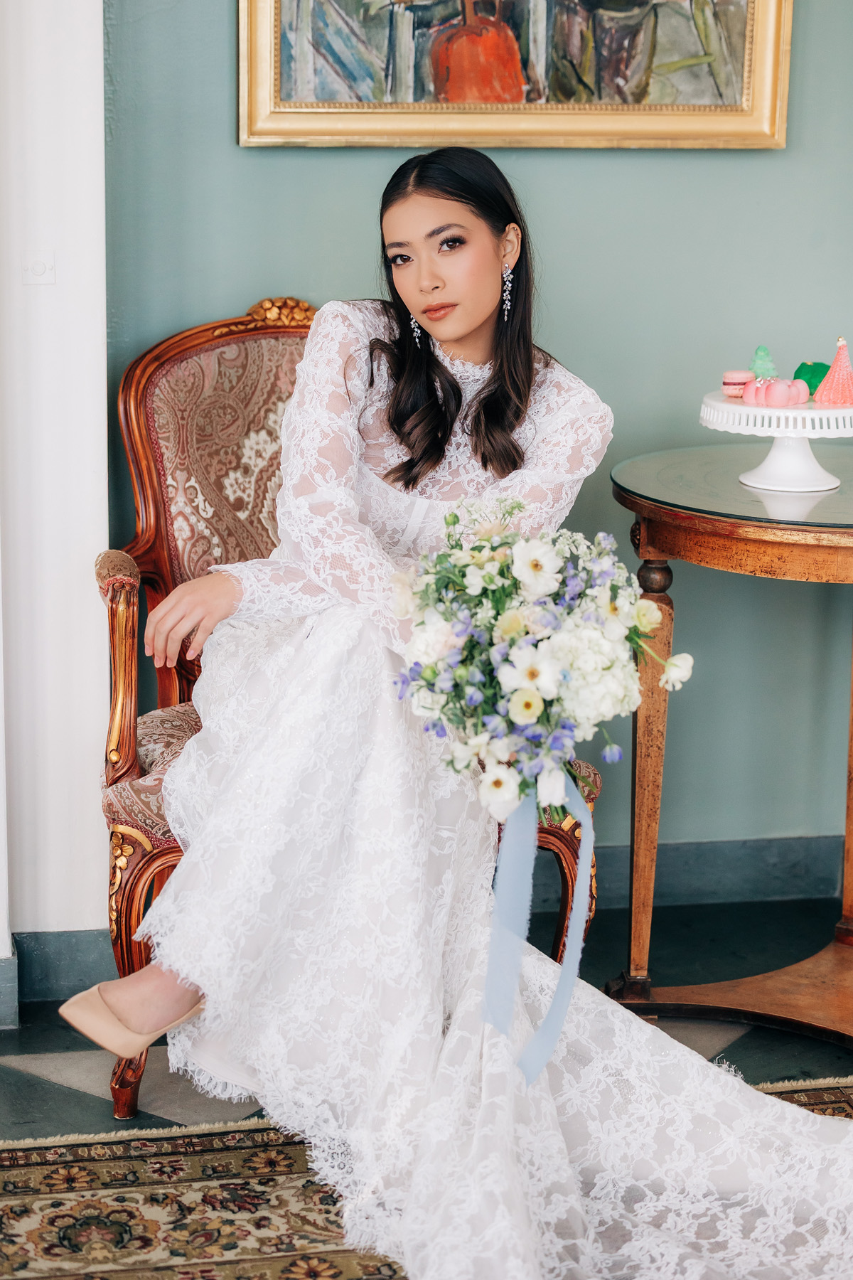 Coastal wedding bouquet in soft white, cream, and blue at Misselwood Events wedding venue on the North Shore of Massachusetts