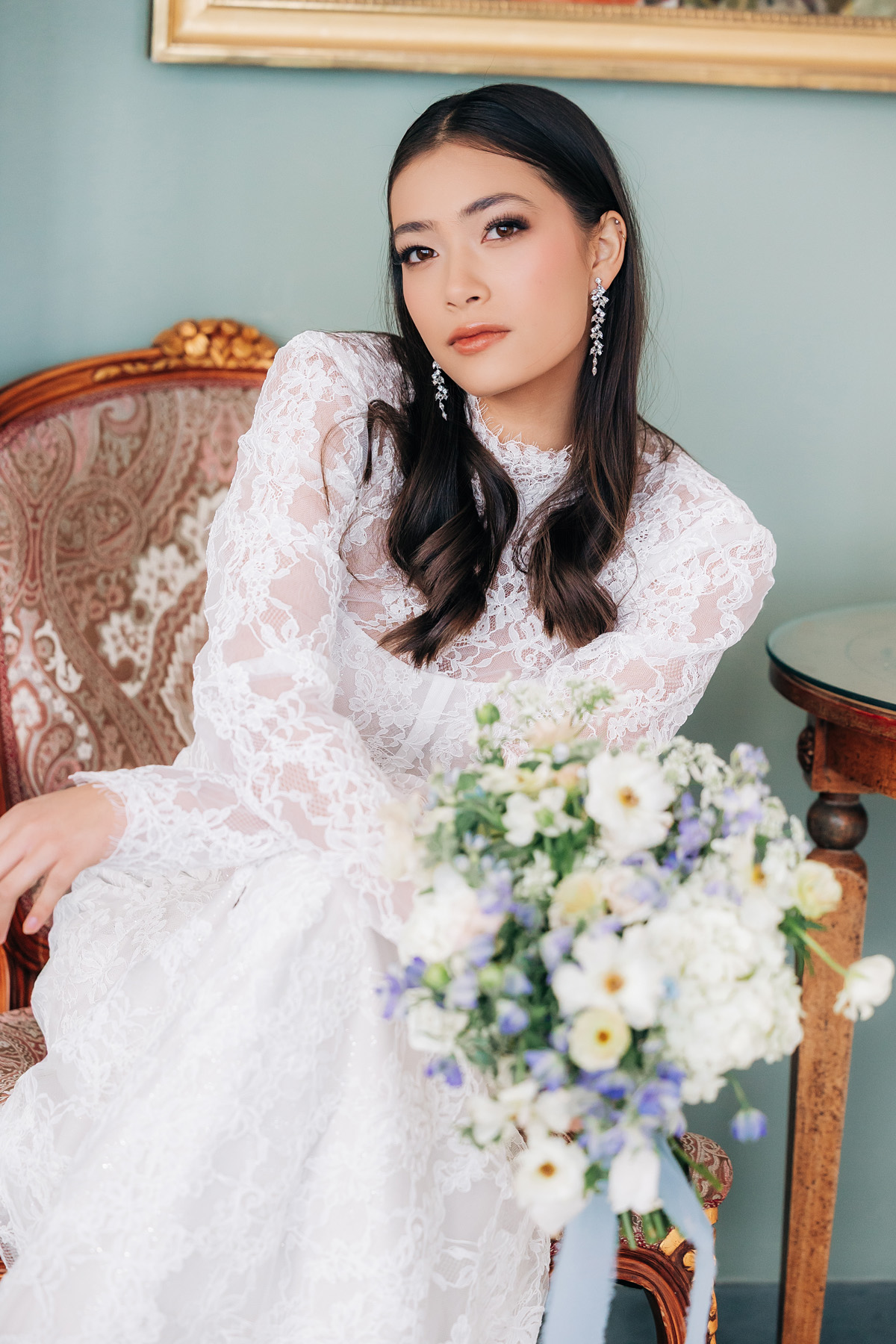 Coastal wedding bouquet in soft white, cream, and blue at Misselwood Events wedding venue on the North Shore of Massachusetts