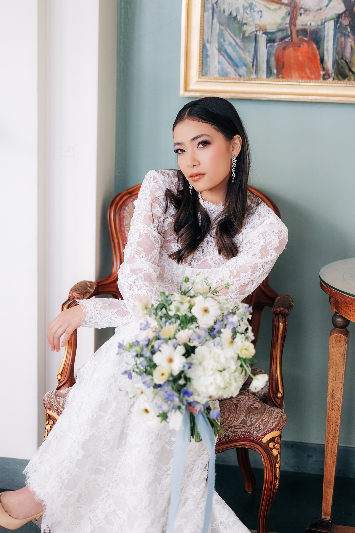 Coastal wedding bouquet in soft white, cream, and blue at Misselwood Events wedding venue on the North Shore of Massachusetts