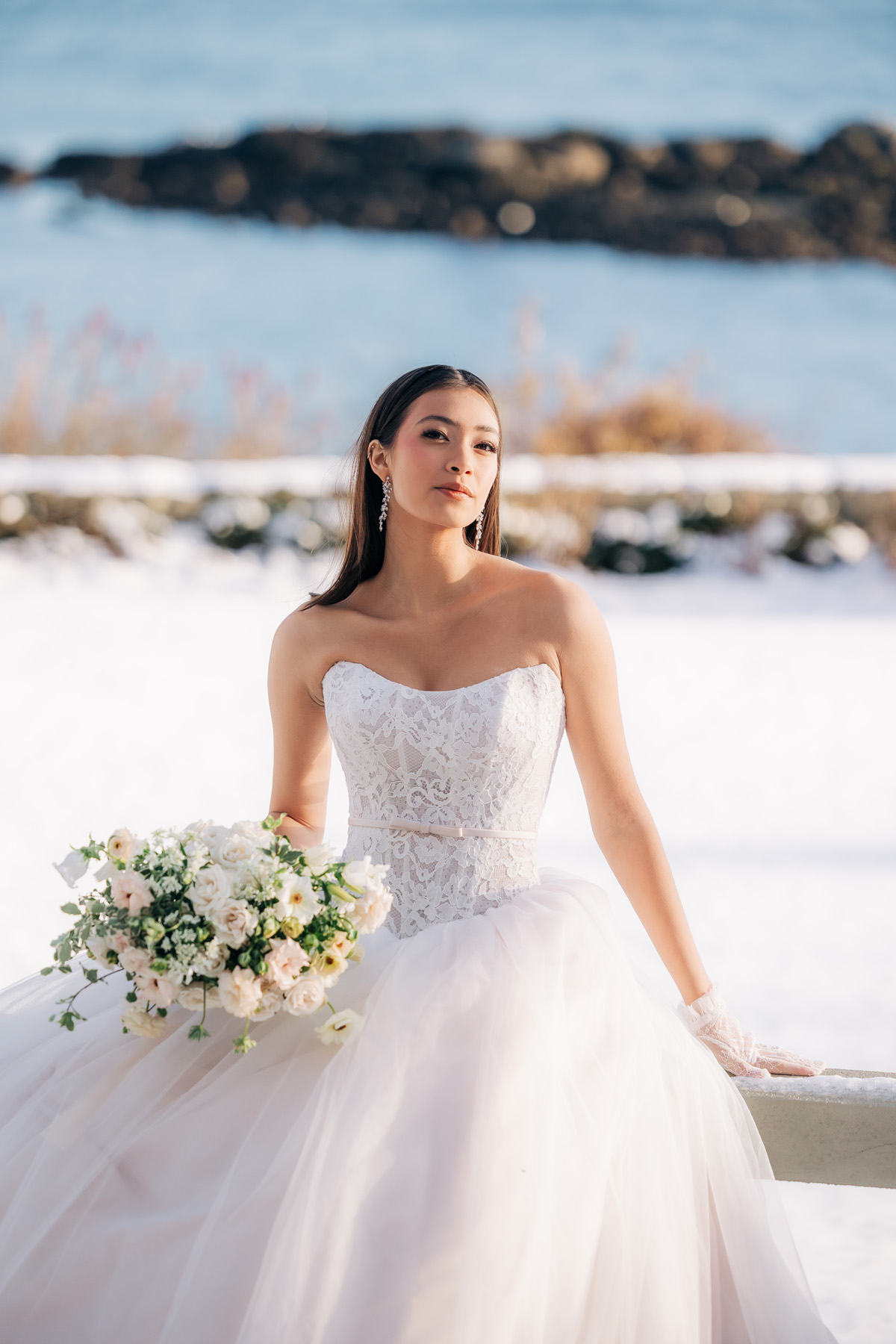 Coastal wedding bridal bouquet in soft white, cream, and soft pinks at Misselwood Events wedding venue on the North Shore Beverly Massachusetts wedding venue