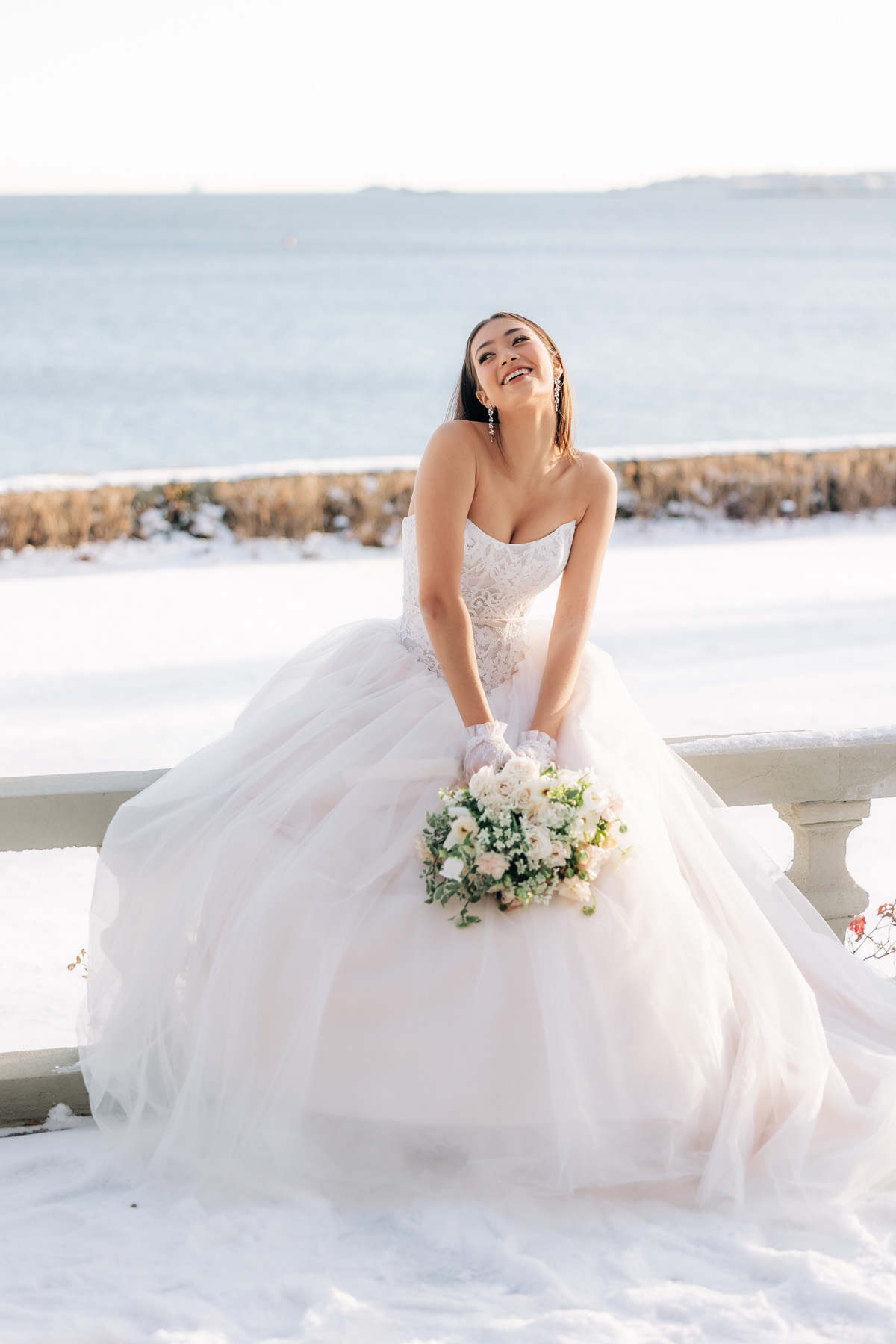 Coastal wedding bridal bouquet in soft white, cream, and soft pinks at Misselwood Events wedding venue on the North Shore Beverly Massachusetts wedding venue