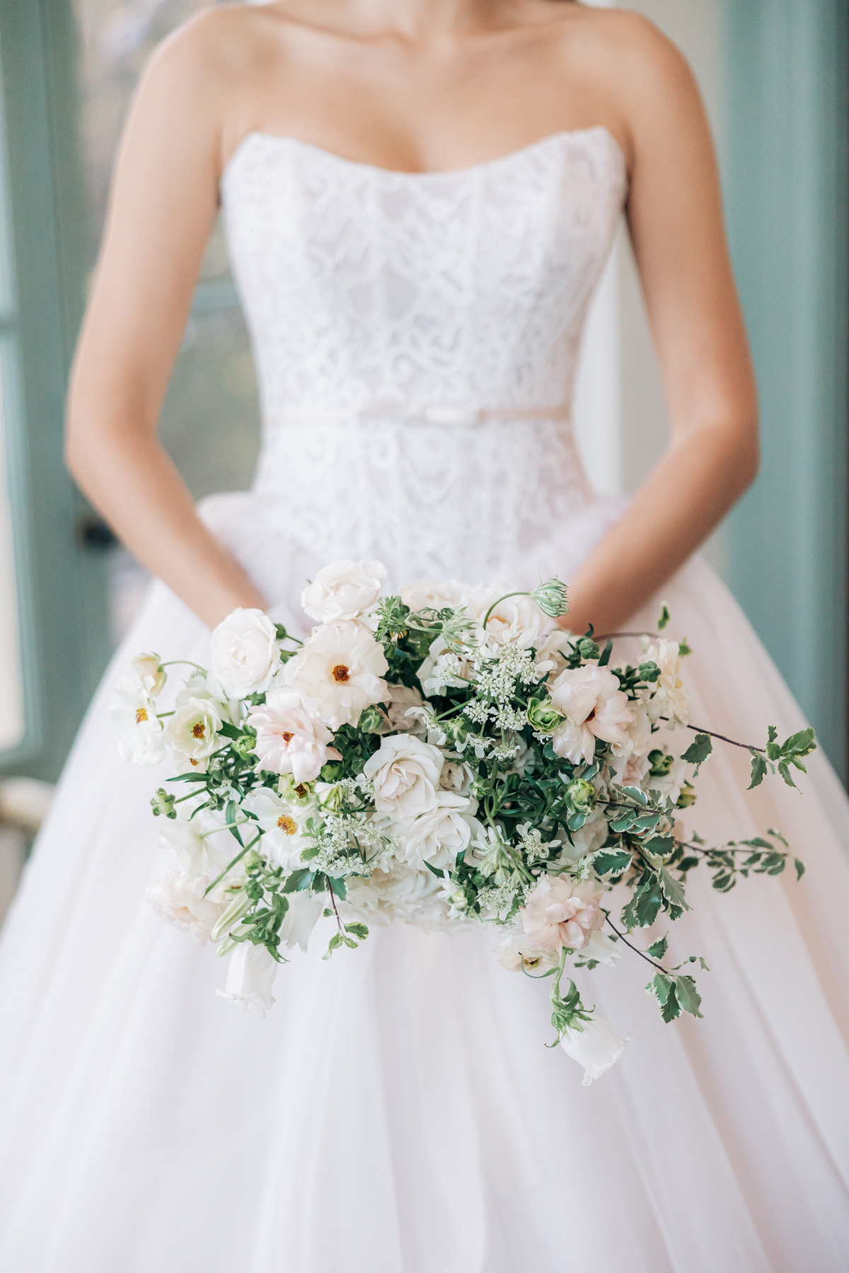 Coastal wedding bridal bouquet in soft white, cream, and soft pinks at Misselwood Events wedding venue on the North Shore Beverly Massachusetts wedding venue