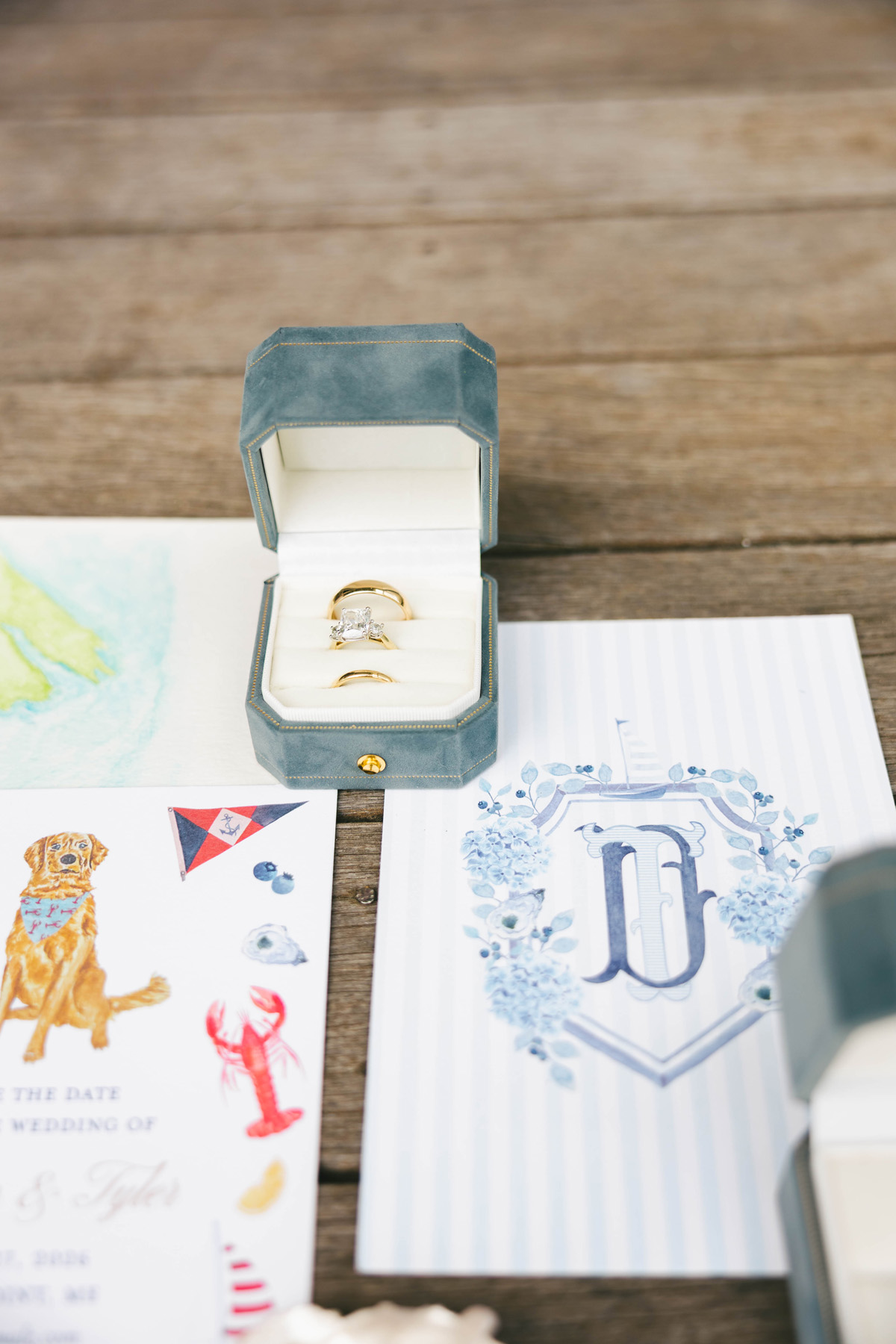 coastal Maine wedding stationery custom blue wedding shield monogram watercolor