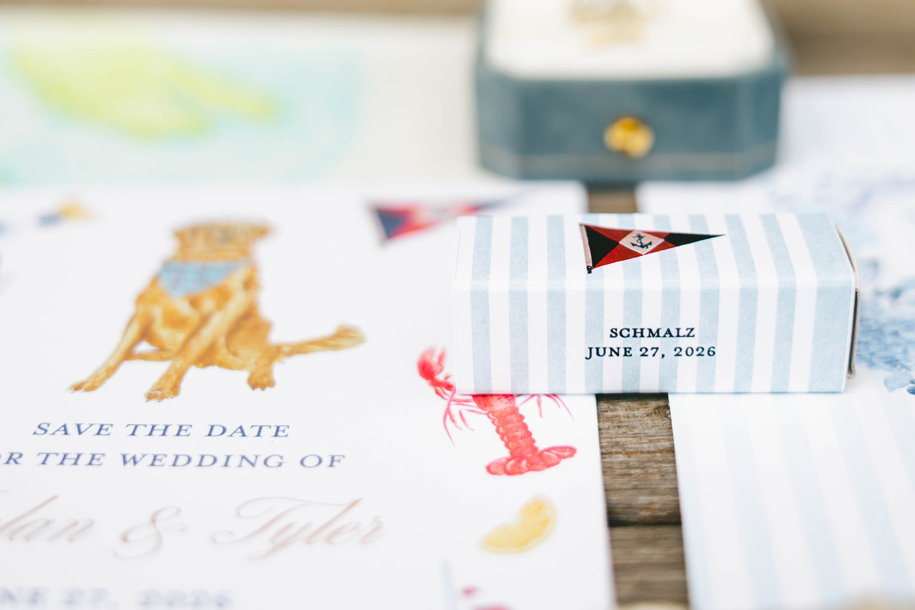 coastal Maine wedding stationery custom artwork, pet portrait illustration, lobster artwork